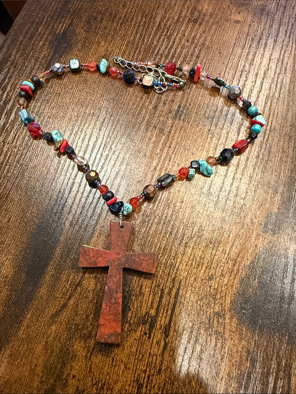 Red Cross Pendant Beaded Necklace with Turquoise Accents